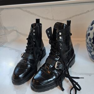 All Saints Black Croc-Embossed Lace-Up Boots